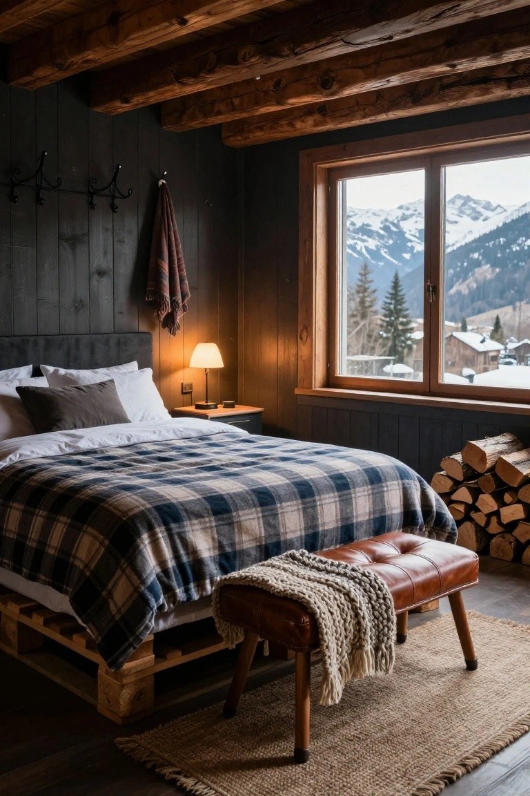 Bedroom with dark wood walls and ceiling, a low bed on pallet base covered in plaid blanket and pillows, bedside lamp, leather bench with knit throw, stack of firewood, and large window showing snowy mountains and village.