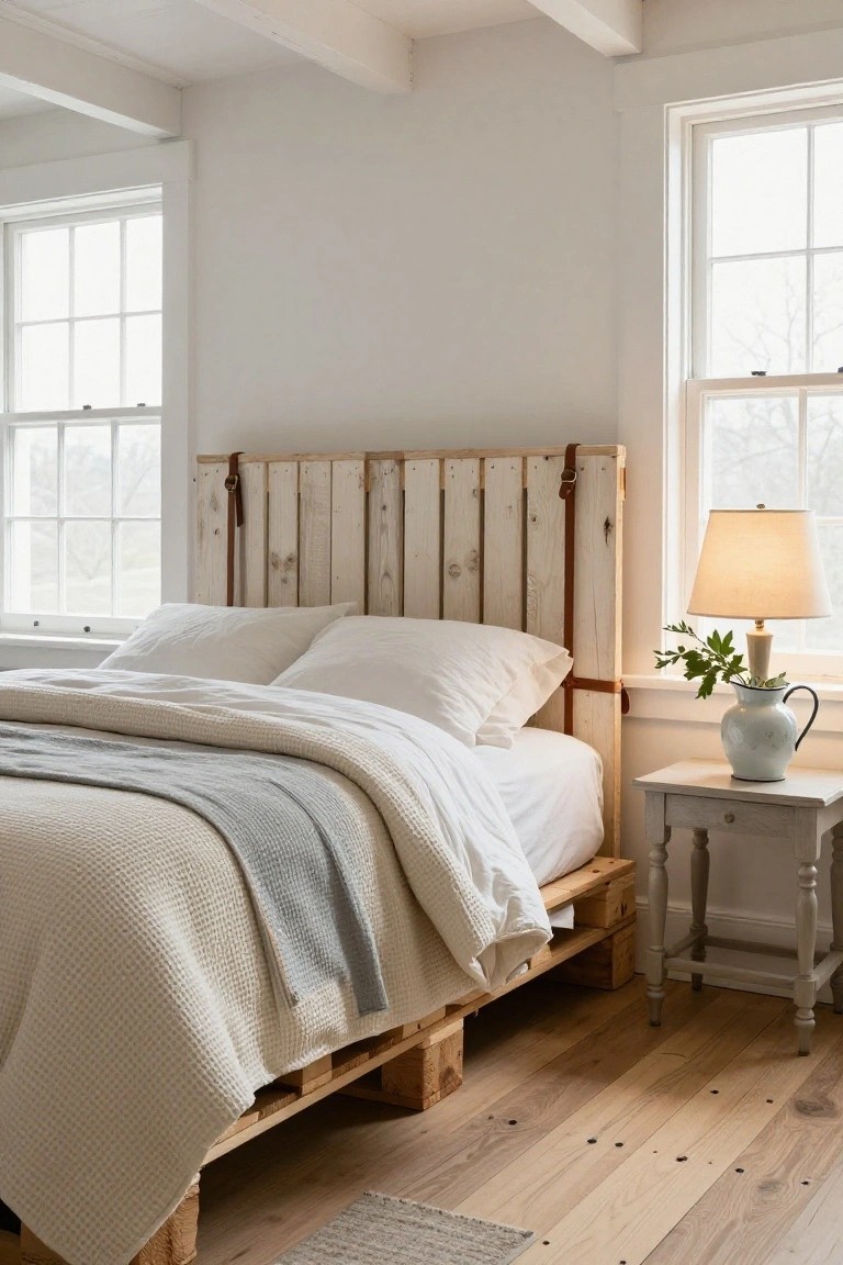 Bedroom corner with low bed on wooden pallet base, reclaimed vertical wood slat headboard secured by brown leather straps, white pillows and textured bedding, white nightstand holding lamp and vase of greenery beside window, light wood floors and neutral walls.