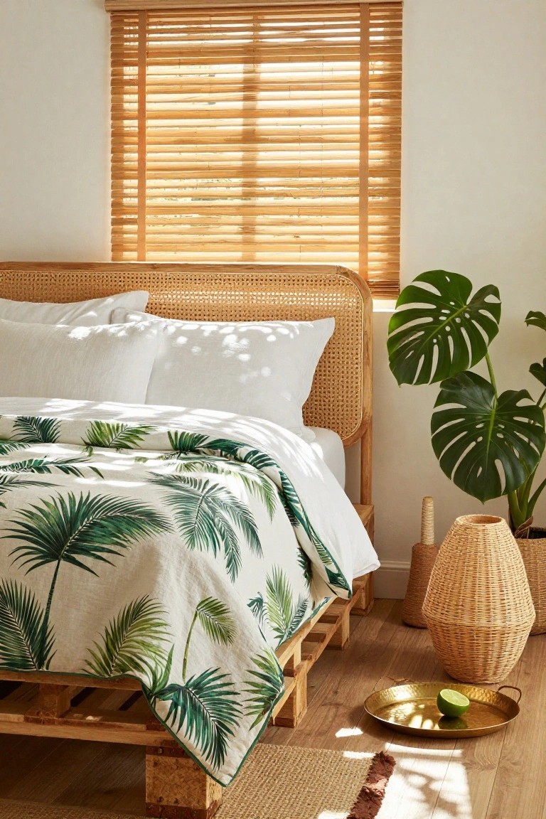 Bedroom featuring a low wooden pallet bed frame with rattan headboard, white pillows, green palm leaf print duvet cover, monstera plant in corner, wooden blinds on window, woven baskets on floor, and brass tray with lime on wooden floor.