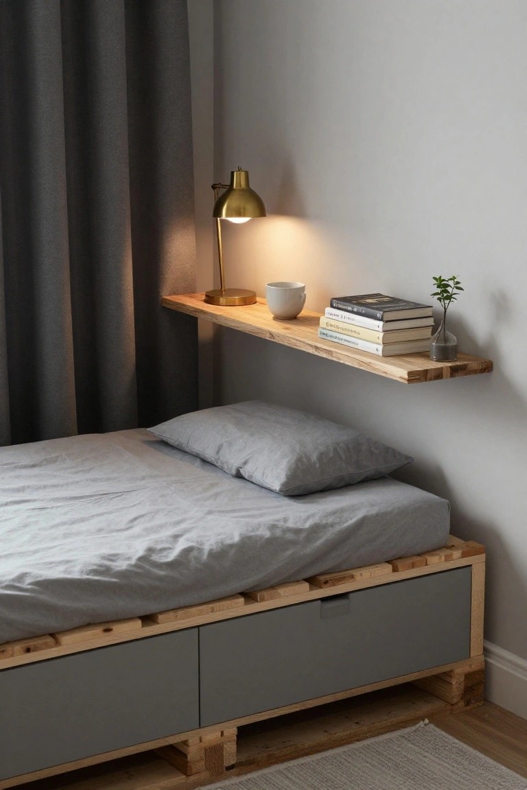 Minimalist bedroom with a low wooden bed, floating shelf, and brass lamp.