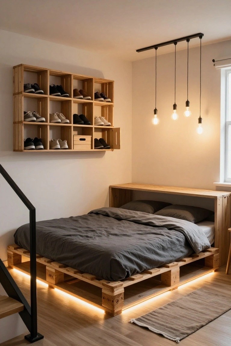 A cozy bedroom with a low wooden pallet bed frame lit by blue LED strips underneath, a wall-mounted wooden crate shoe rack, pendant bulb lights, and a bedside shelf unit.