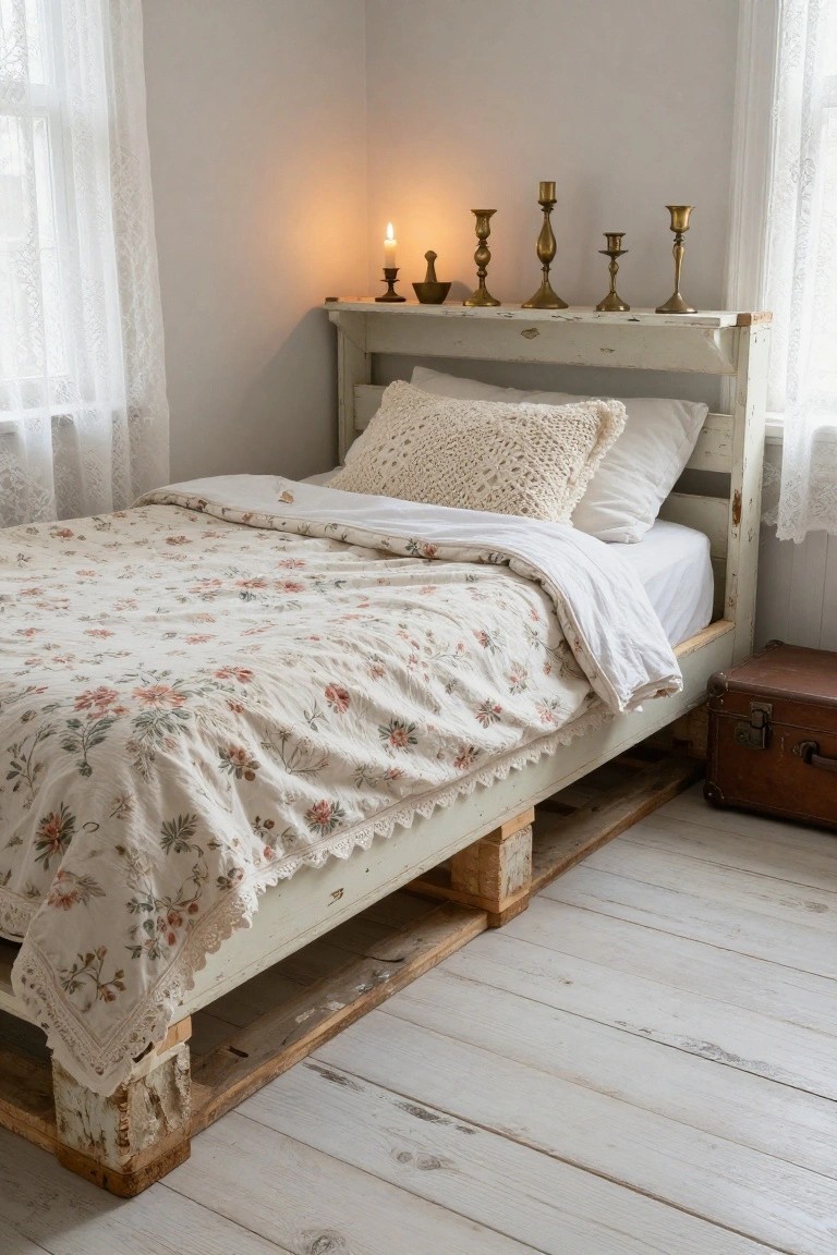 A small bedroom with a white wooden pallet bed frame, floral quilt and white duvet, knitted pillows, brass candlesticks and a lit candle on the headboard shelf, lace curtains on windows, and a brown suitcase on the floor.