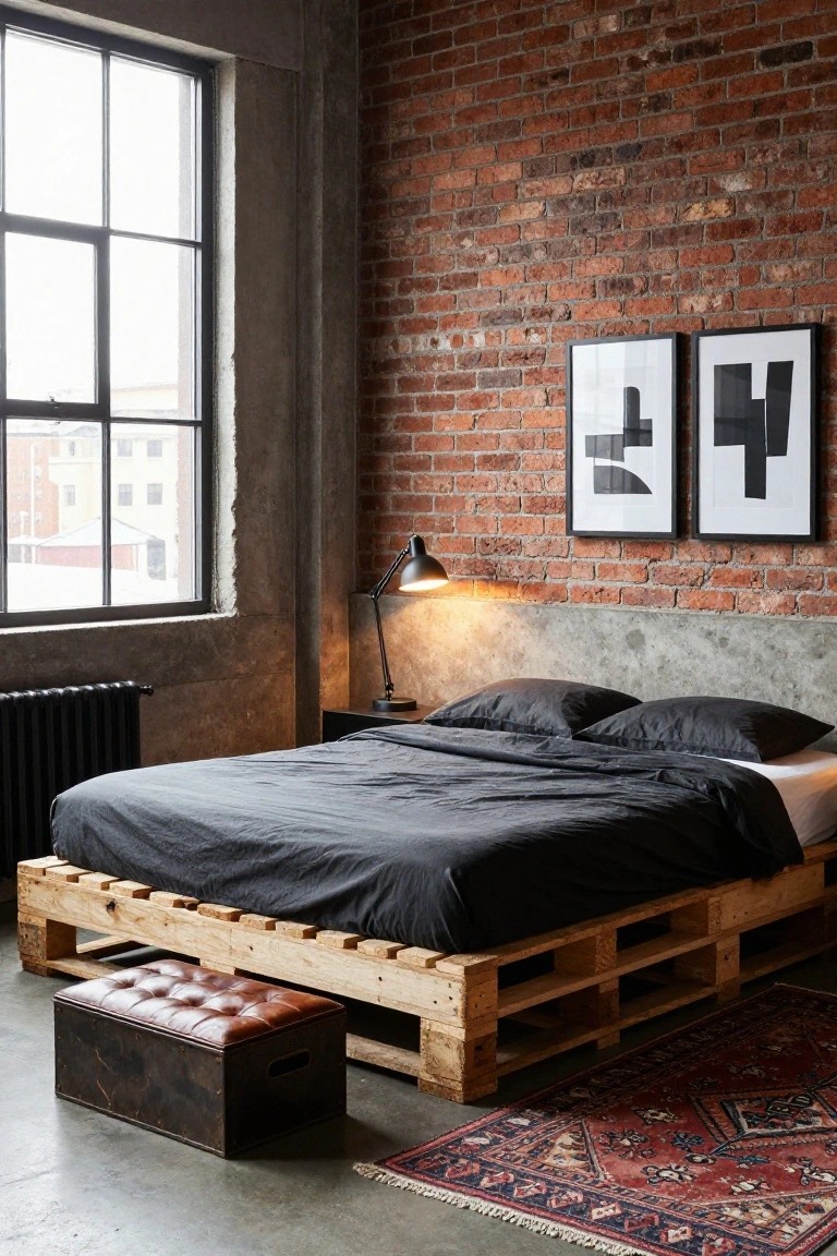Bedroom interior with black pallet wood platform bed, dark bedding, concrete headboard, exposed brick walls, large metal-framed windows, black and white abstract art, adjustable desk lamp, radiator, leather storage ottoman, and red patterned rug on concrete floor.