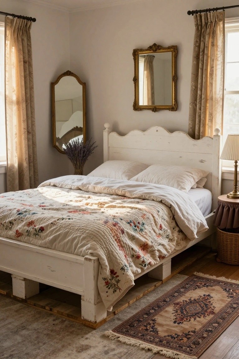 Sunlit bedroom corner with white wooden bed on elevated legs, floral quilt, pillows, lavender bouquet in vase, gold-framed mirrors on walls, beige curtains, lamp on skirted table, and small rug on wood floor.