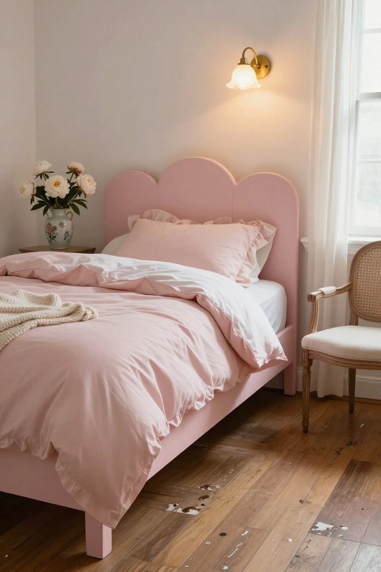 Pink scalloped headboard bed dressed with ruffled pink and white bedding, peony bouquet in blue vase on side table, rattan armchair nearby in bedroom with white walls, wood floors, and window with sheer curtains.