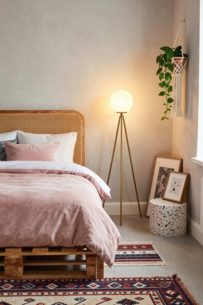 Bedroom corner featuring a low wooden pallet bed frame with rattan headboard, pink velvet duvet and pillows, gold tripod floor lamp, hanging plant, small stool, and woven rug on concrete floor.