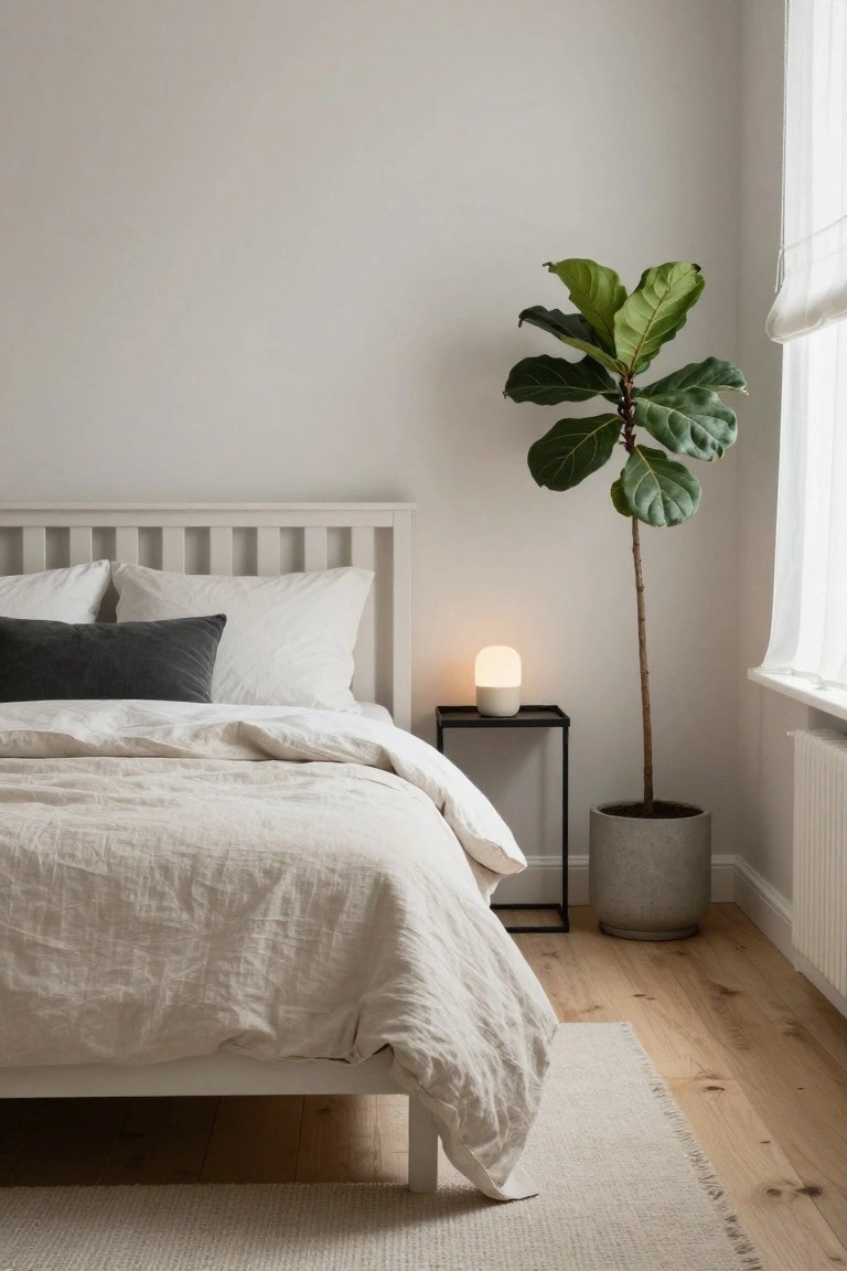 White slatted bed frame with beige linen bedding and gray pillow, black metal nightstand with white lamp, tall fiddle leaf fig plant in gray pot, near window with blinds on wood floor with beige rug.