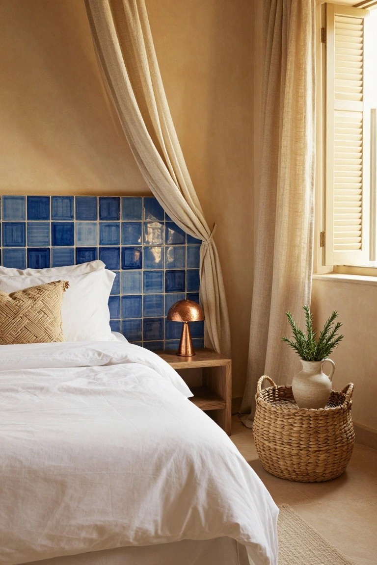 Bedroom corner showing a white bed with rattan pillow against a blue tiled headboard wall, sheer canopy drapes, copper lamp on wooden nightstand, wicker basket holding a vase with rosemary plant, and window with beige shutters.