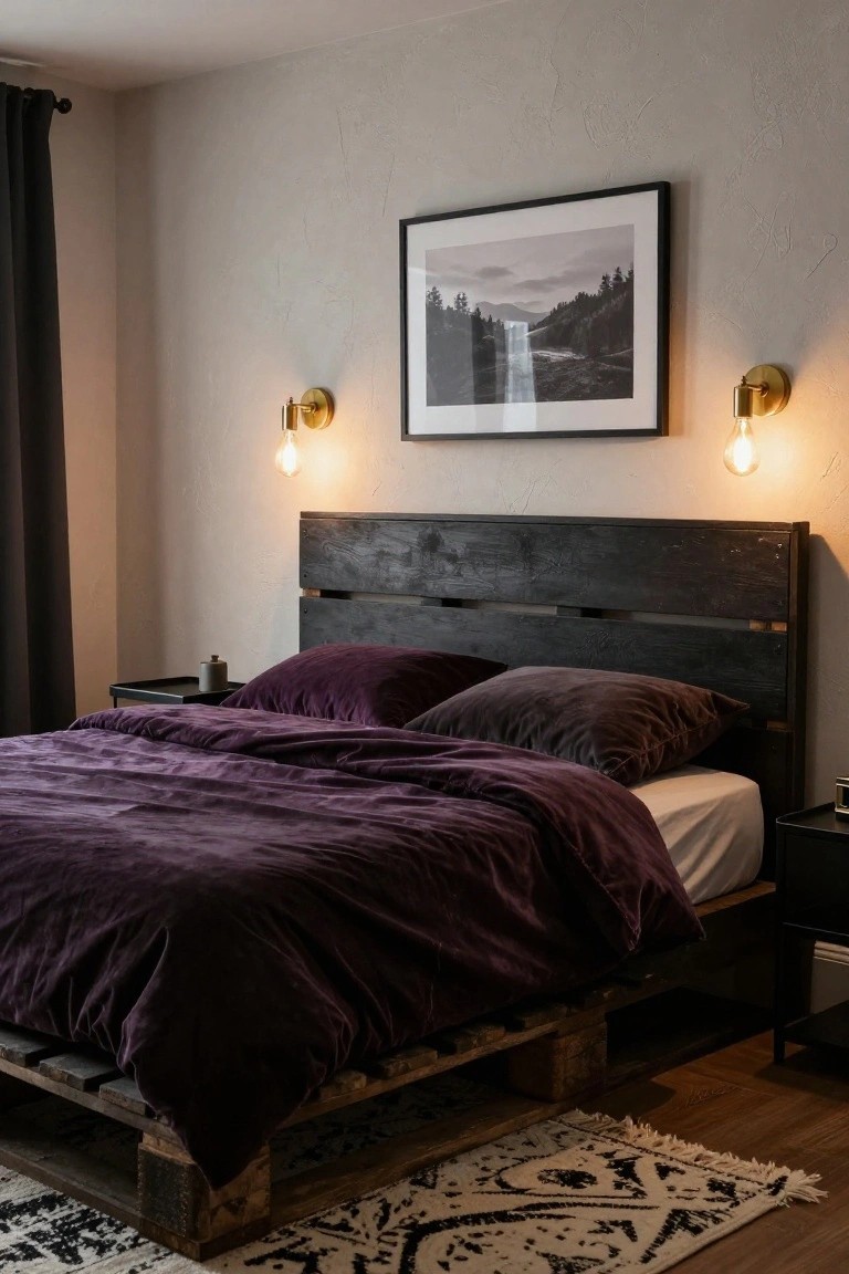 A bedroom with a dark wooden pallet bed frame and headboard, purple velvet duvet and pillows, white fitted sheet, two nightstands, gold wall sconces lit with Edison bulbs, a black-framed landscape photo, beige textured walls, gray curtains, and a patterned rug on wood floors.