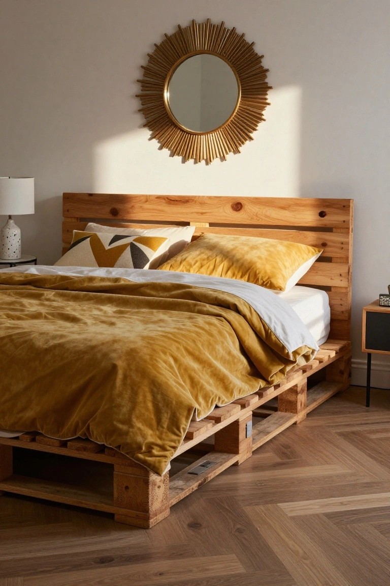 Bedroom with wooden pallet bed frame topped by mustard velvet duvet and white sheet, geometric pillows in yellow and white, bedside table with lamp, gold sunburst mirror on white wall, herringbone wood floor.