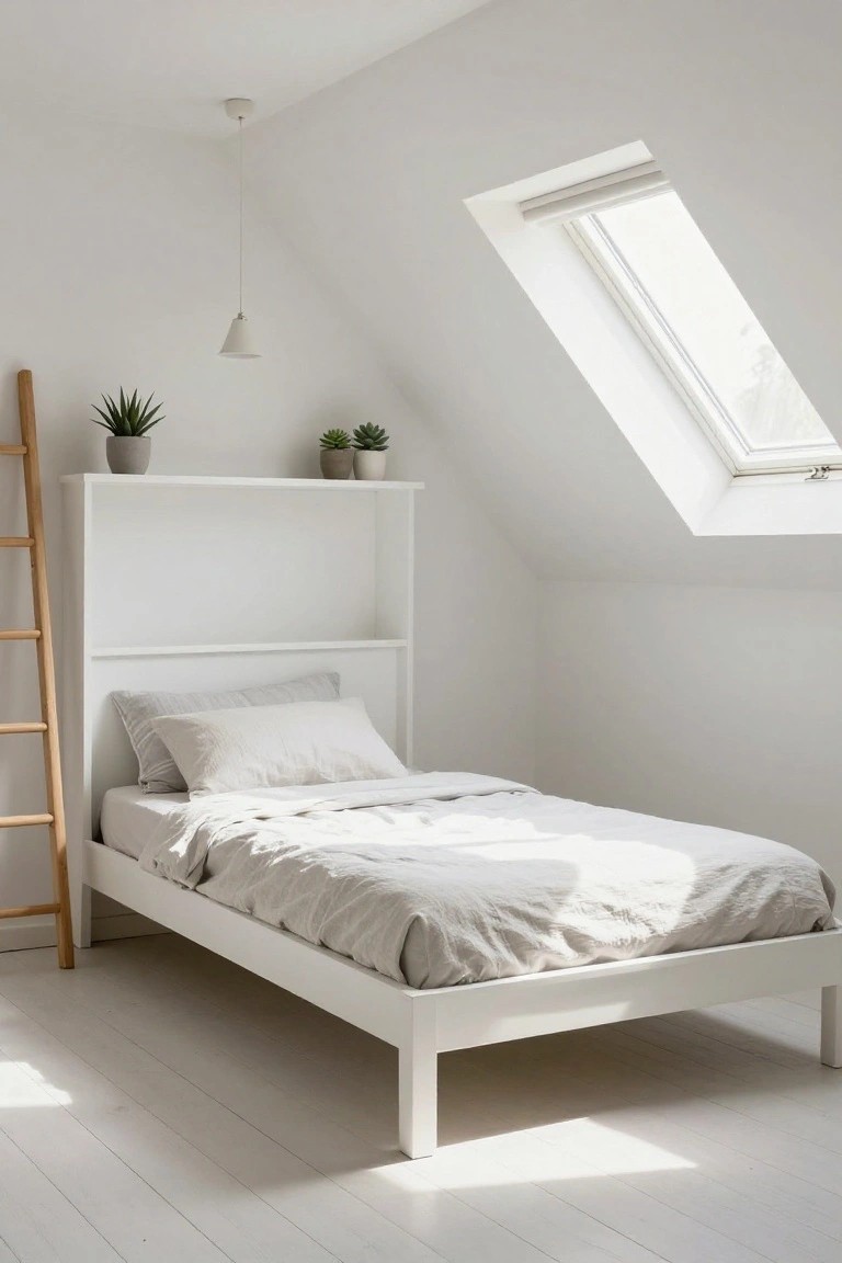 White wooden single bed with open shelving headboard, wooden ladder beside it, potted succulents on shelves, and linen bedding in a bright white attic bedroom with skylight.