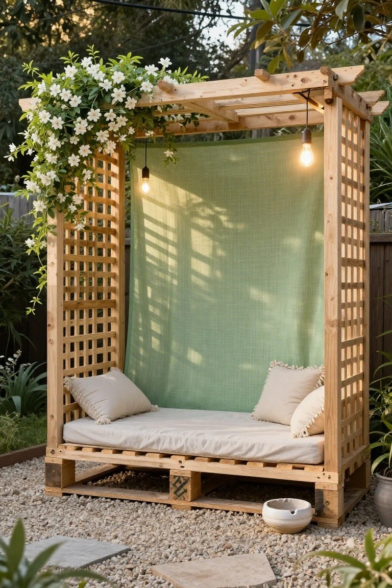 Wooden pergola with white climbing flowers on one side, green fabric backdrop, pallet platform bed with beige cushions and pillows, hanging Edison bulb light, set on gravel ground in a garden with plants and fence.