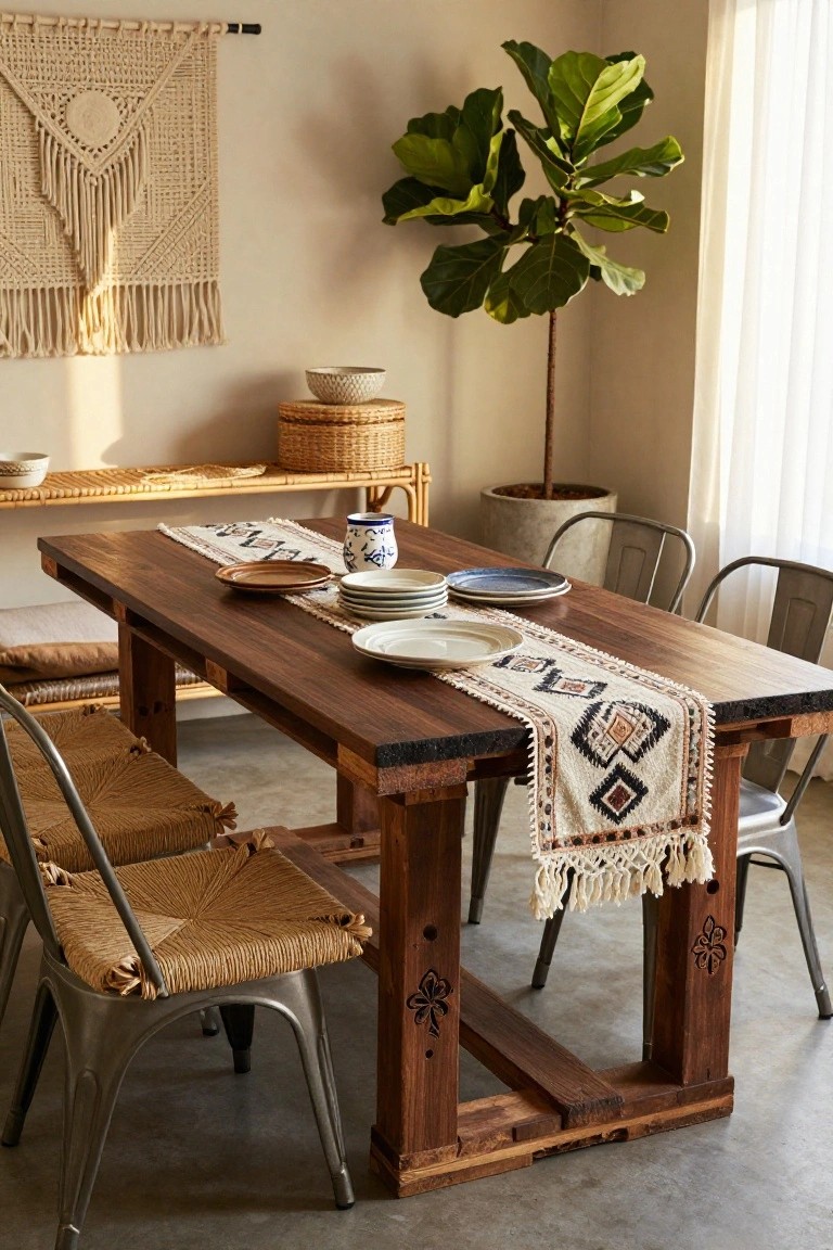 Dining room with a large rectangular wooden trestle table topped by a woven runner and plates, surrounded by mixed rattan and metal chairs, near shelves with baskets, a potted plant, macrame wall hanging, and window light.