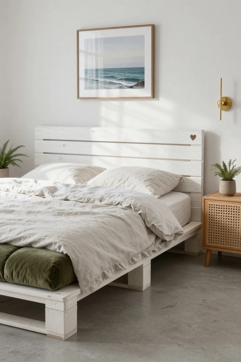 A bedroom with a low white wooden pallet platform bed frame and headboard, white linen bedding with green velvet pillows, rattan nightstand, potted ferns, gold wall light, and framed ocean photo.