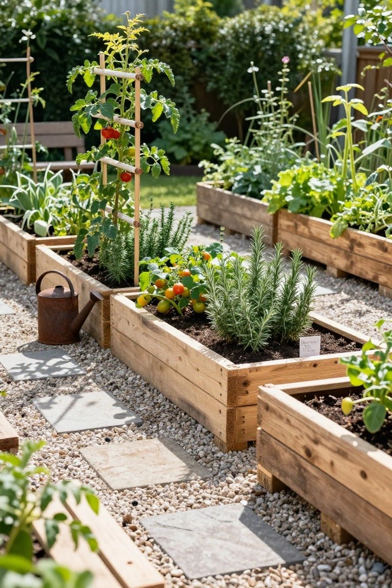 Wooden raised garden beds arranged in a row along a gravel path with stone pavers, containing tomato plants on trellises, rosemary, and other vegetables and herbs, with a metal watering can nearby.