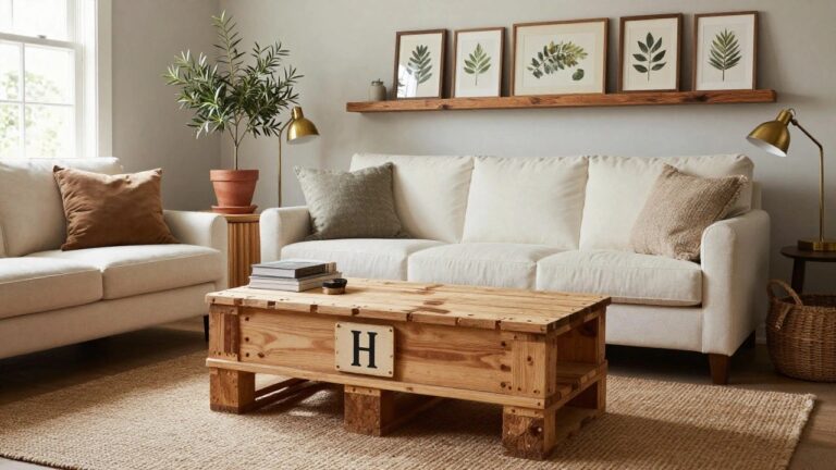 24 Easy Pallet Projects That Make Weekend DIY Fun A cozy living room with a low wooden pallet coffee table featuring a metal "A" plaque, stacks of books on top, a white sofa with neutral cushions, potted olive tree, and seagrass rug on hardwood floor.