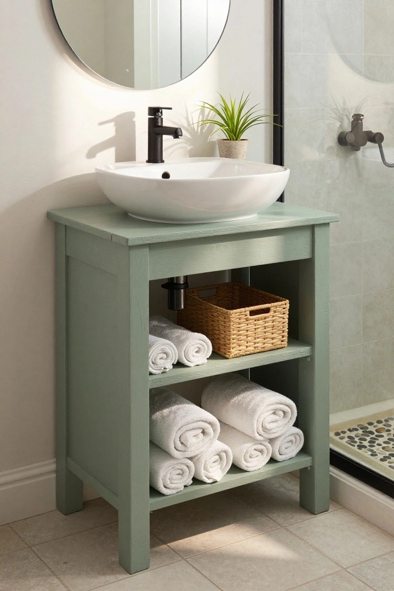 Mint green painted wooden vanity cabinet with open lower shelves storing rolled white towels and a wicker basket under a white vessel sink, black faucet, round wall mirror, and glass shower enclosure in a bathroom.