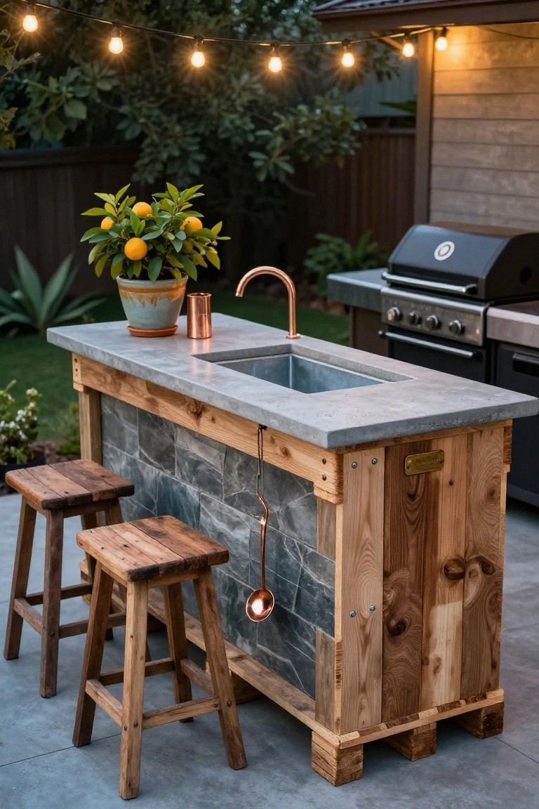 Wooden pallet-based outdoor kitchen island with concrete countertop, metal sink, copper faucet and ladle, slate backsplash, two wooden stools, potted citrus plant, and nearby barbecue grill in a backyard patio with string lights.