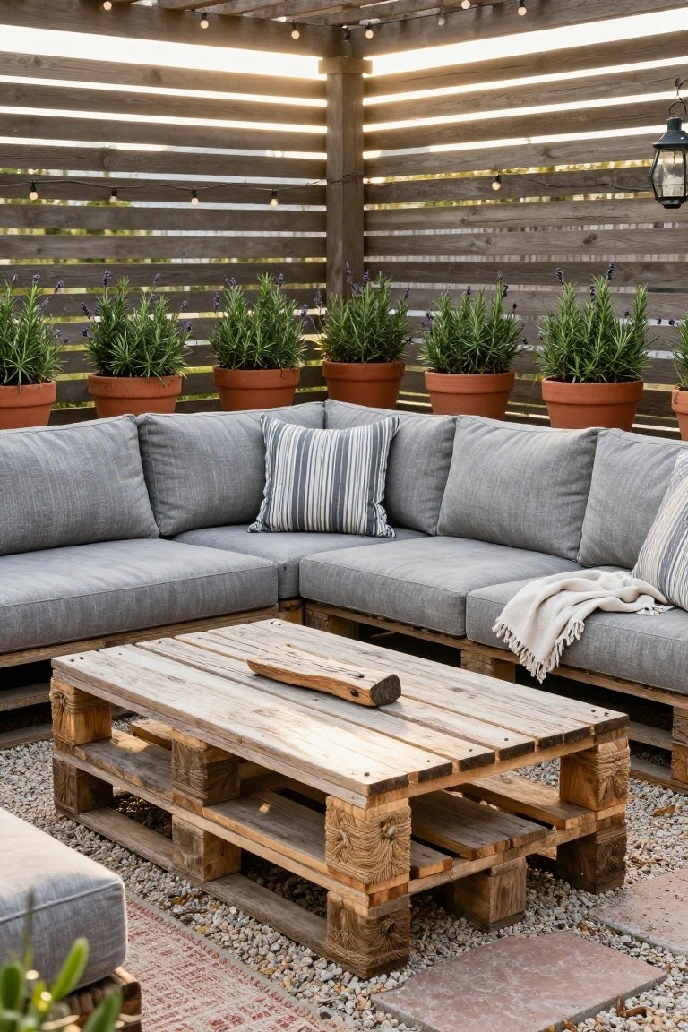 Wooden pallet coffee table with plank top in front of L-shaped gray outdoor sofa, surrounded by potted rosemary plants under pergola with string lights on gravel patio.