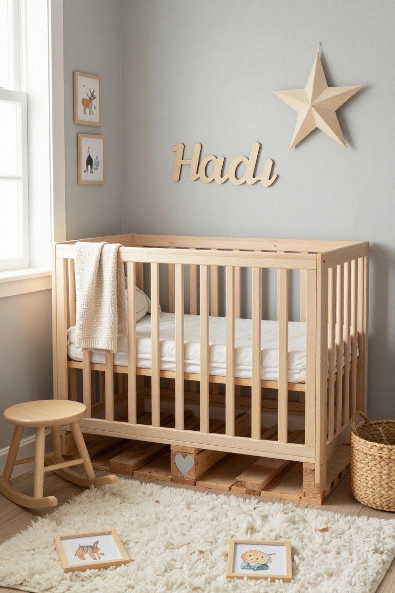 A neutral gray nursery with a wooden crib raised on stacked pallets, a small wooden rocking chair, fluffy white rug, woven basket, and wall-hung wooden name sign reading Hadi.