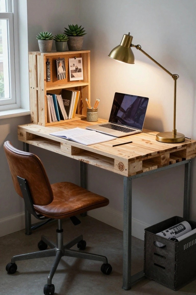 A wooden pallet desk with metal legs in a home office corner, topped with a laptop, notebook, and pens, next to a brown leather swivel chair, gold desk lamp, and pallet shelf unit holding books and potted succulents against a white wall.