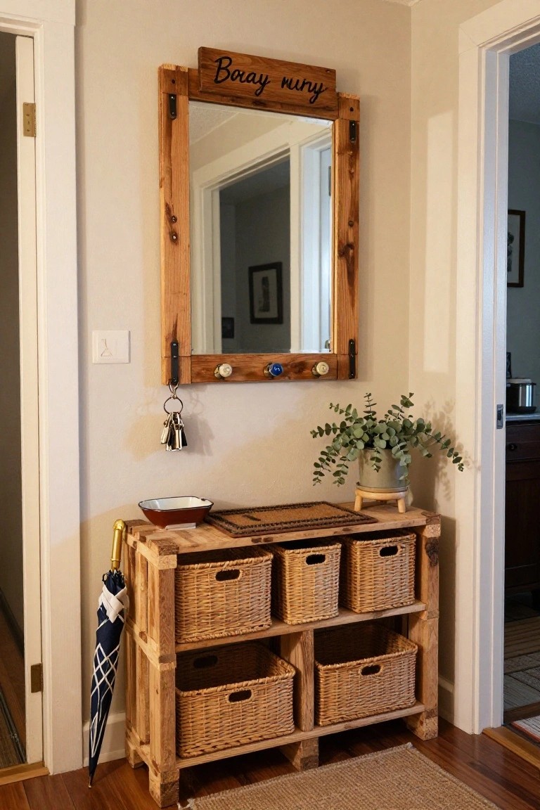 Wooden pallet console table with wicker baskets in shelves and a tray on top, next to a matching pallet-framed mirror labeled