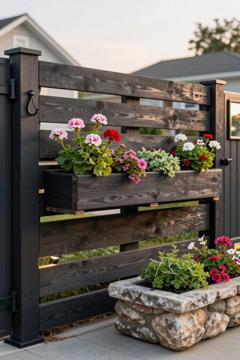 Black horizontal-slatted wooden fence with two mounted rectangular wooden planter boxes overflowing with pink, red, white, and multicolored geraniums, plus a stone planter on the ground filled with similar plants next to a concrete patio surface.
