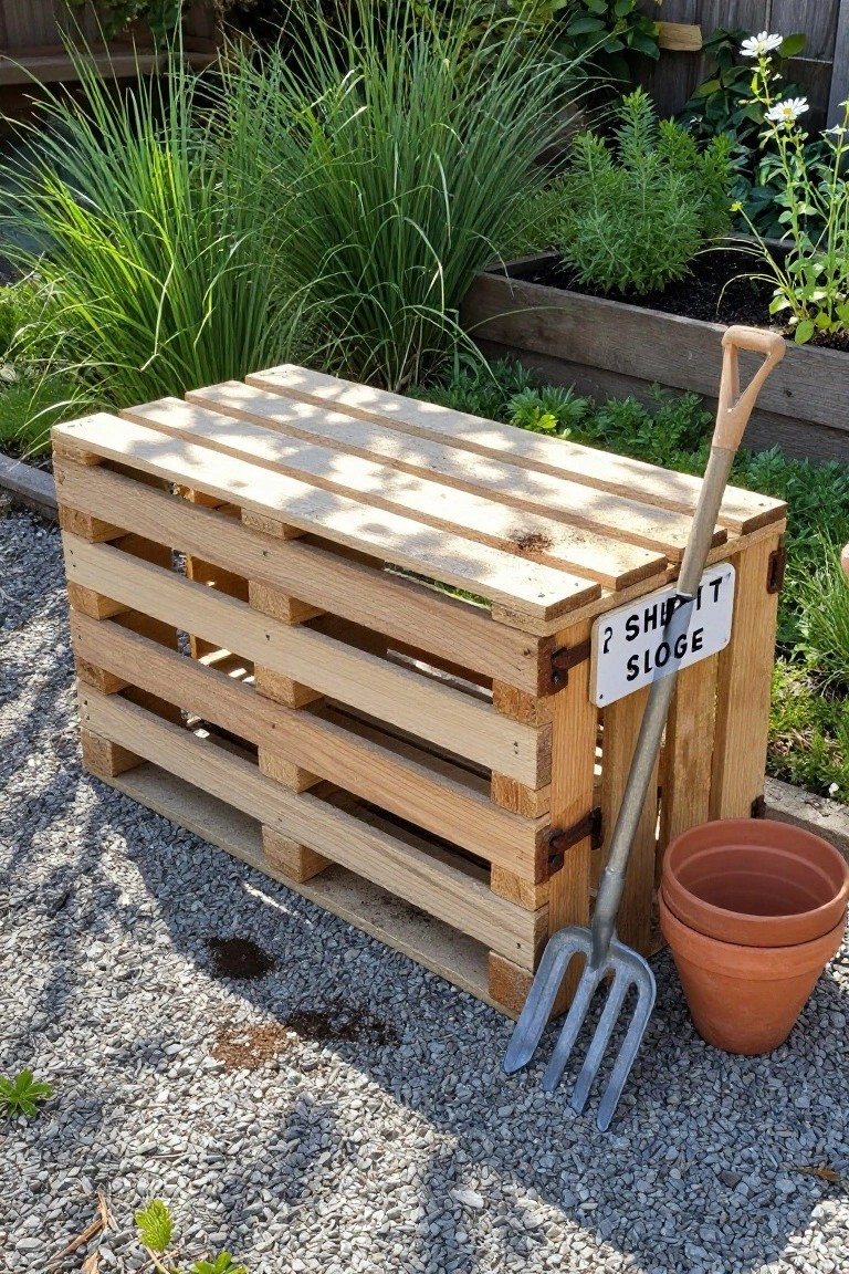 Wooden pallet crate outdoors in a garden, labeled with a sign reading