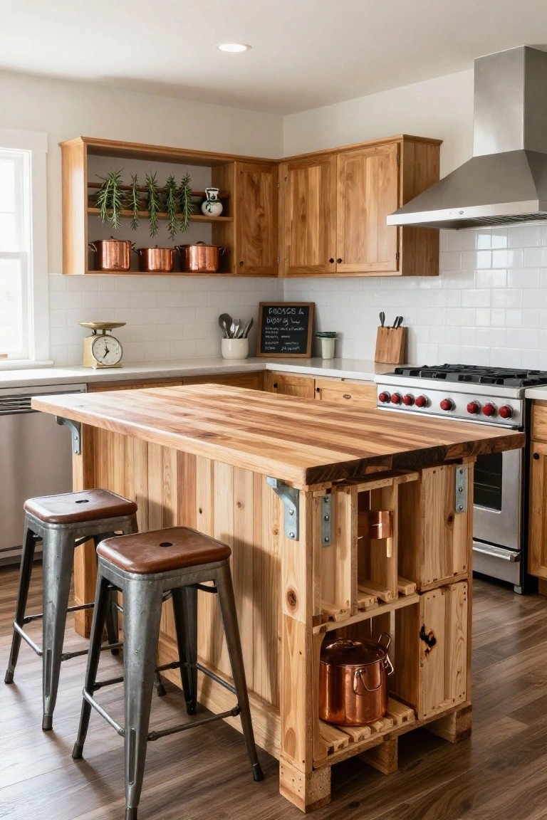 Kitchen with wooden cabinets, white subway tile backsplash, stainless steel range, and central island made from pallets with butcher block top and metal stools.
