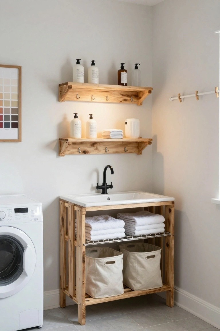 Wooden pallet frame stand with white porcelain sink and black faucet in a laundry room corner next to a white front-loading washer, featuring shelves with folded towels and canvas baskets below, and wooden wall shelves with bottles and linens above.