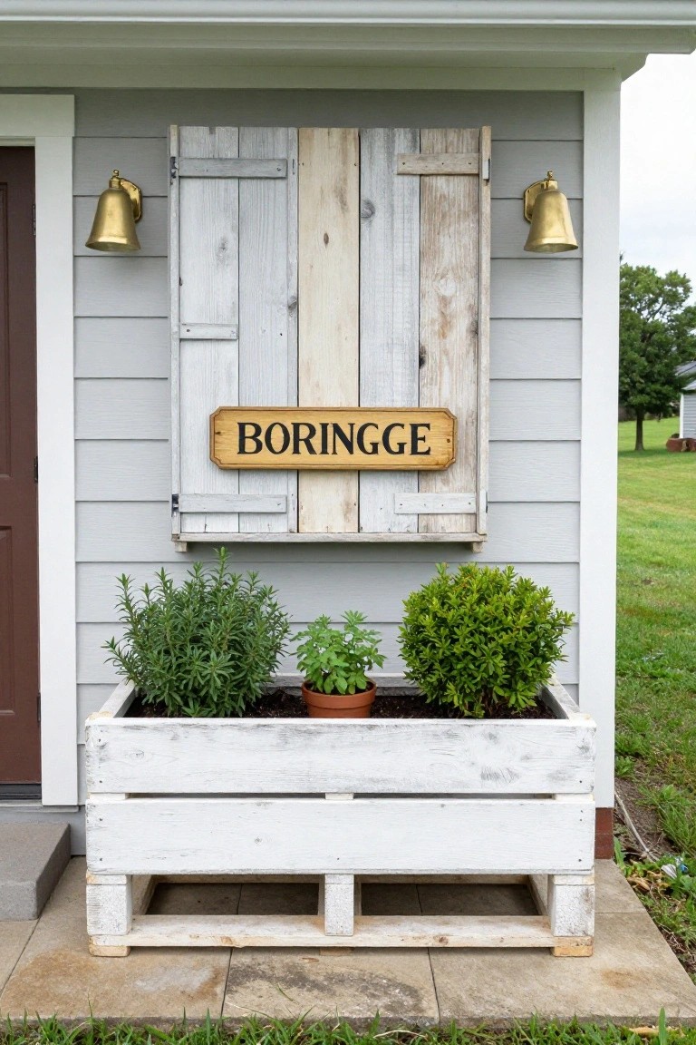 Gray clapboard house exterior with brown front door, wooden shutters, gold lantern lights, yellow sign reading BORINGEGGE, and white wooden pallet planter box containing rosemary, basil, and boxwood plants on concrete patio steps.