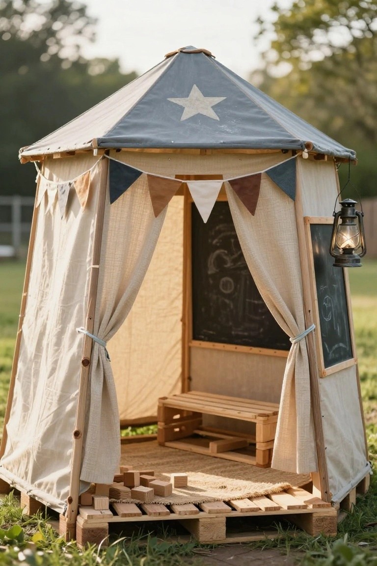 Wooden pallet play tent in a grassy yard with gray canvas roof topped by white star, multicolored bunting flags, open beige side curtains, chalkboard, hanging lantern, interior bench, and scattered wooden blocks on woven mat floor.