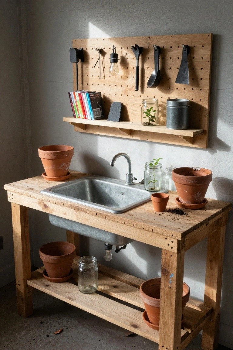 Wooden potting bench with integrated galvanized sink, pegboard wall holding tools and utensils, shelves with jars and terracotta pots in a gray-walled indoor room.