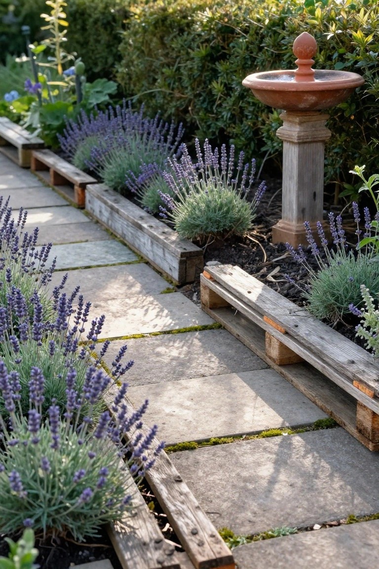 Stone paver garden path bordered by raised beds made from wooden pallets filled with lavender plants and a terracotta birdbath on a pedestal.