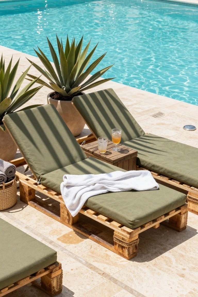 Two green-cushioned lounge chairs made from wooden pallets positioned beside a turquoise swimming pool, with white towels, potted agave plants, a wooden side table holding drinks, and wicker baskets nearby on a tiled pool deck.