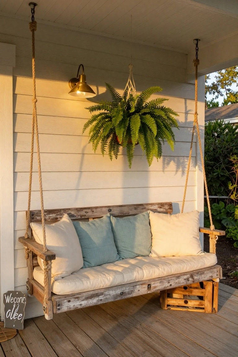Weathered wooden pallet swing with cream and blue cushions hanging from thick ropes on a white shiplap porch ceiling, next to a hanging fern plant, brass wall lantern, and wooden crate footrest on a deck.