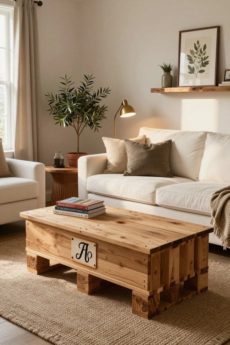 A cozy living room with a low wooden pallet coffee table featuring a metal