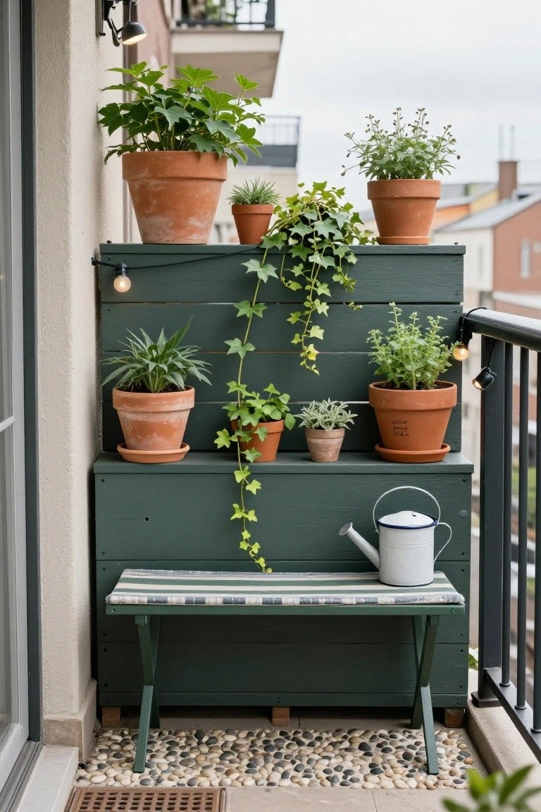 Green wooden shelving unit on a balcony with multiple terracotta pots of plants including ivy trailing down, a bench on top, watering can beside it, and pebble flooring.