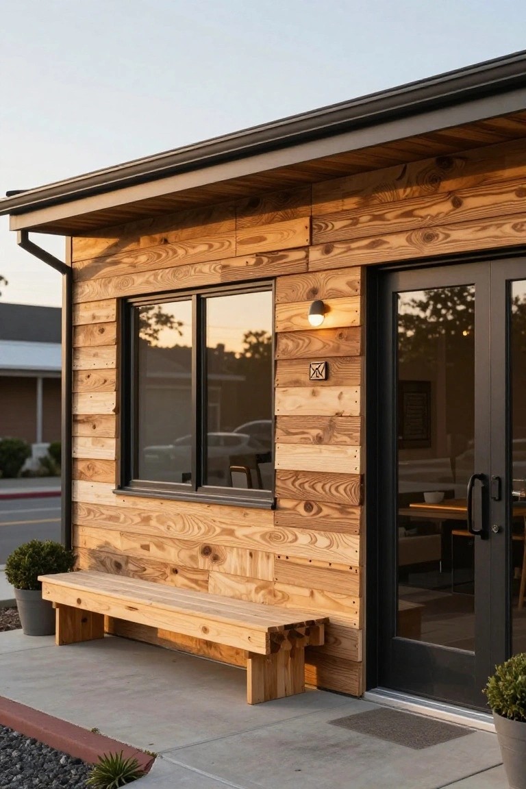 Exterior side view of a small building with vertical wooden plank siding in warm tones, black-framed sliding windows and doors, wooden bench, potted shrubs, and concrete sidewalk.