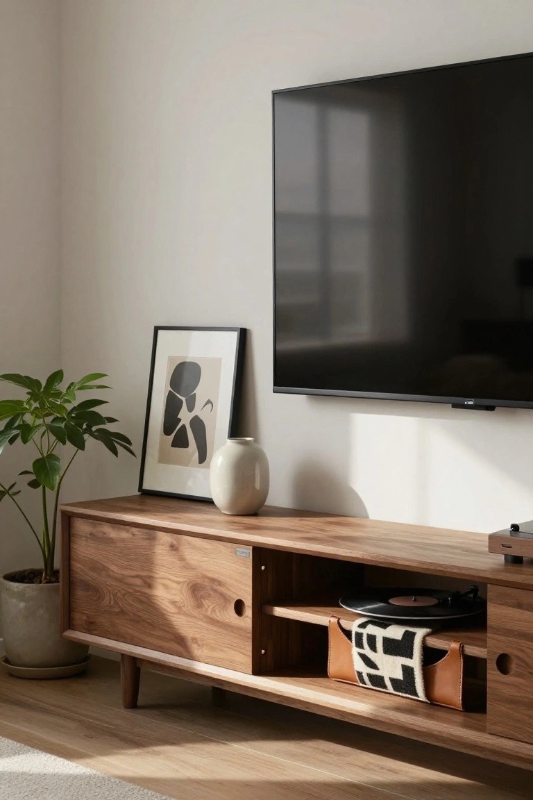 Light wooden mid-century style TV console with open shelves holding a record player and vinyl records, under a wall-mounted black TV, next to a potted plant, white vase, and black-framed abstract art in a bright room with wood flooring.