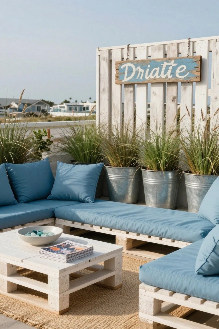 Outdoor patio with L-shaped blue cushioned sofa and coffee table made from whitewashed pallets, galvanized metal buckets holding tall ornamental grasses, wooden sign reading Driatte on a white fence, and distant beach houses under a blue sky.