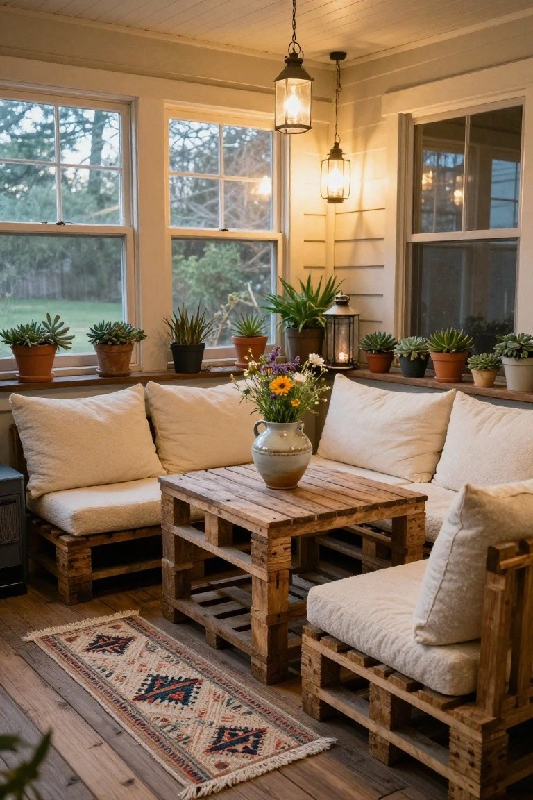 Sunlit enclosed porch with L-shaped seating and table made from wooden pallets topped with beige cushions, central vase of flowers, potted succulents on windowsills, hanging lanterns, and views of trees and greenery through large windows.