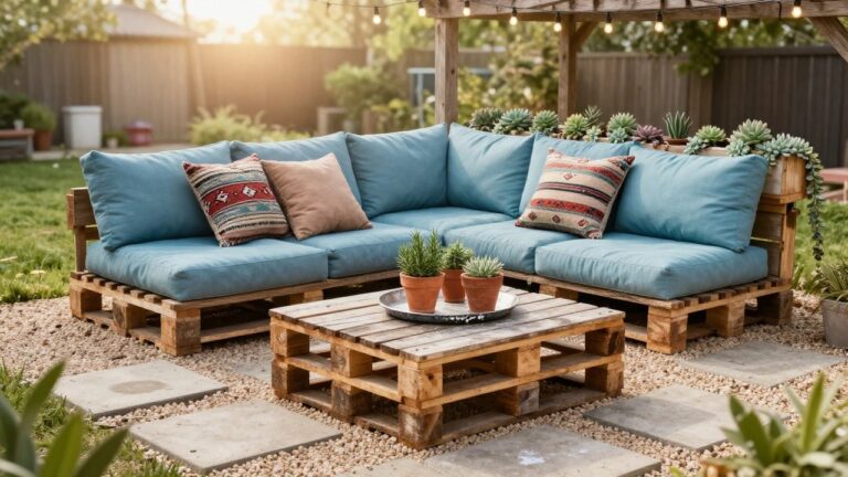 24 Fresh Pallet Patio Setup Ideas For A Laid Back Outdoor Life Wooden pallet L-shaped outdoor sofa with navy cushions and colorful patterned pillows, next to a pallet coffee table with potted succulents and a metal tray, under a pergola with string lights in a backyard patio surrounded by plants and pavers.