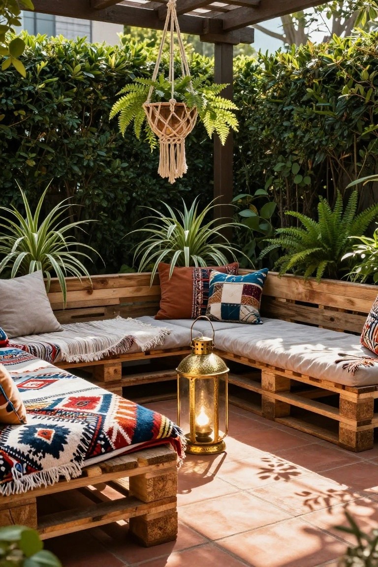 L-shaped outdoor benches made from stacked wooden pallets with gray cushions, colorful patterned pillows and blankets, surrounded by potted plants and ferns under a wooden pergola on terracotta tiles with a brass lantern nearby.