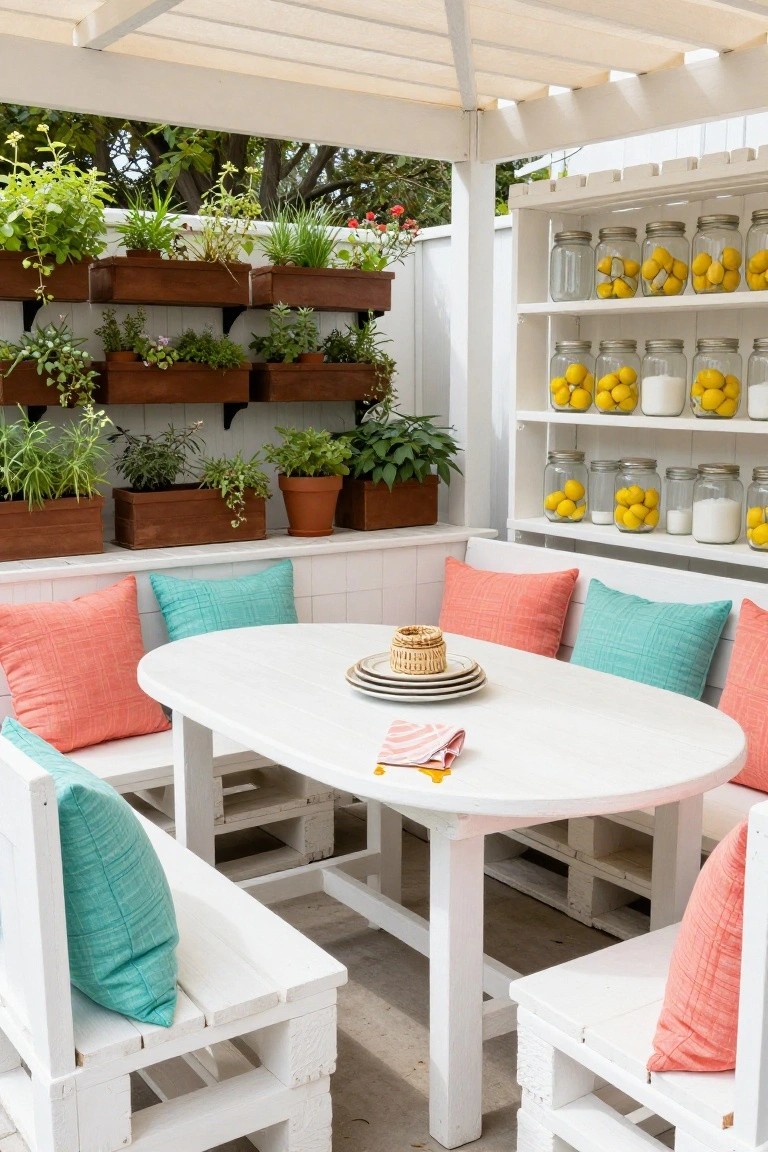 Outdoor patio with white pallet benches and oval table topped by stacked plates and napkin, colorful turquoise and coral cushions, vertical wooden planters on white walls, shelves holding jars of lemons, under a wooden pergola.