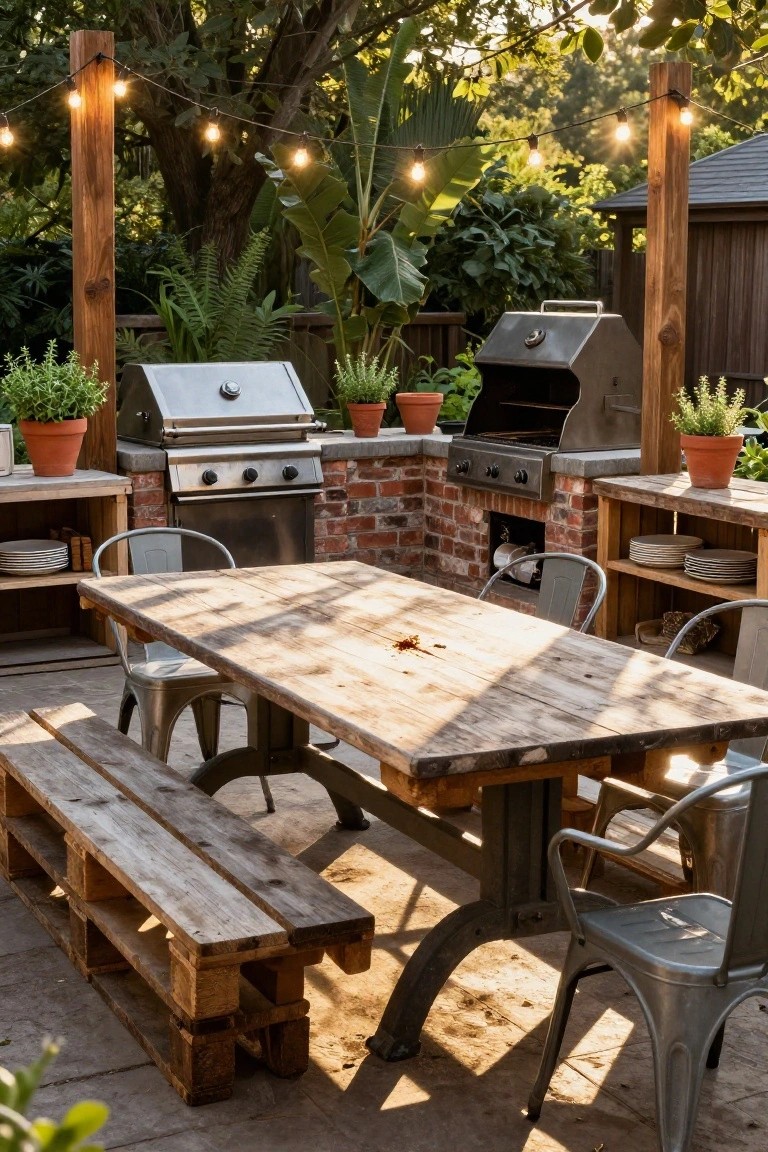 Outdoor patio with wooden table, benches, metal chairs, grills, and string lights.
