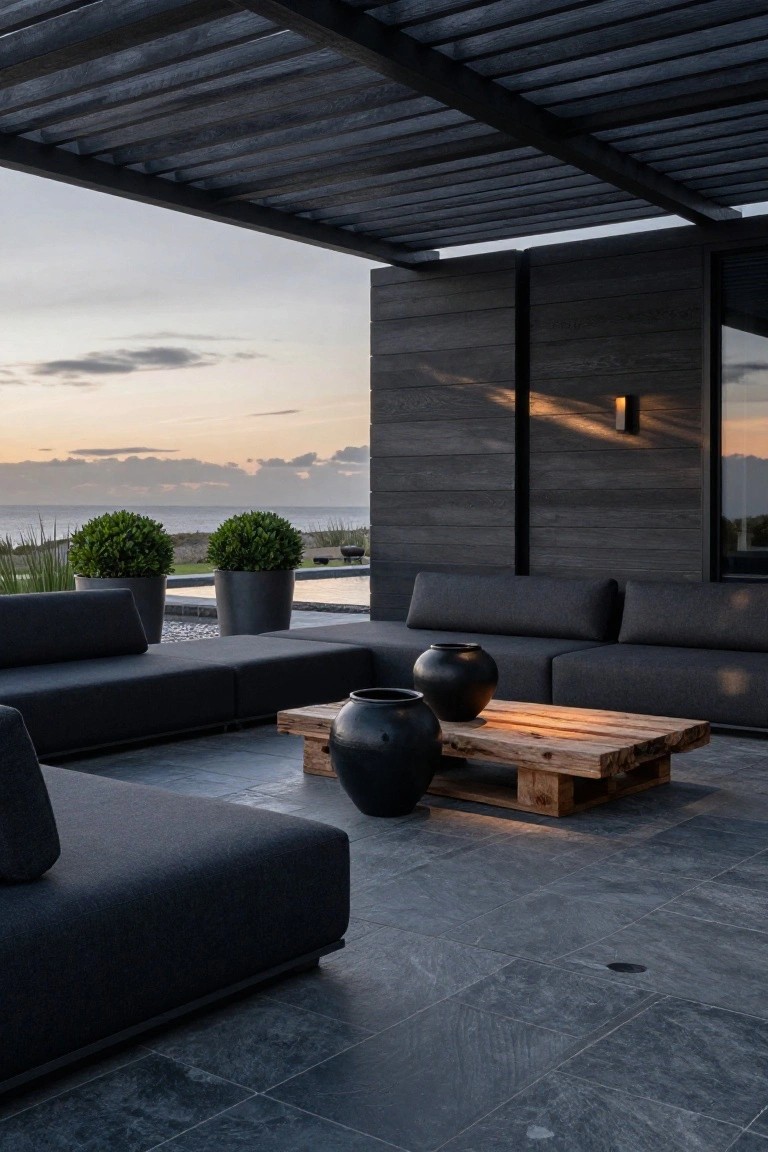 Outdoor patio featuring black L-shaped sectional sofa, wooden pallet coffee table with black ceramic pots on it, potted topiary plants, infinity pool, and ocean view at dusk under wooden slat pergola.