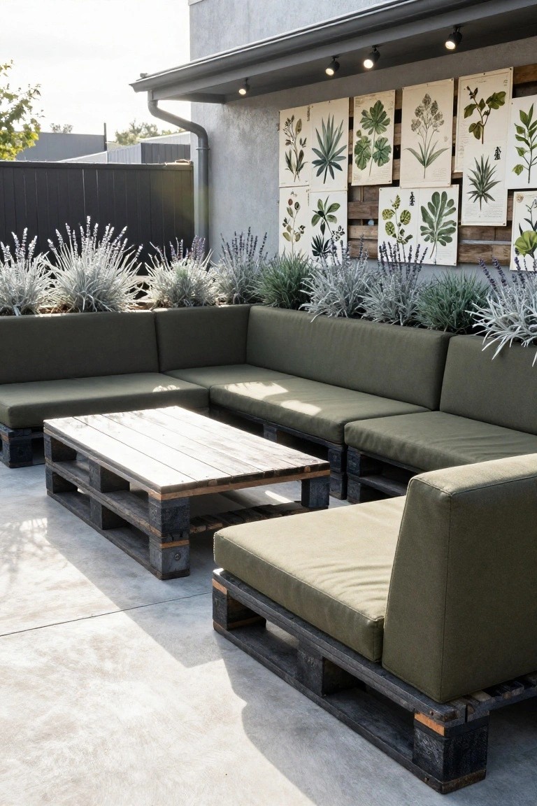 L-shaped outdoor sofa made from stacked wooden pallets with green cushions, low pallet coffee table, surrounded by silver-leafed plants and lavender in planters, against a gray wall with framed botanical prints under an eave.