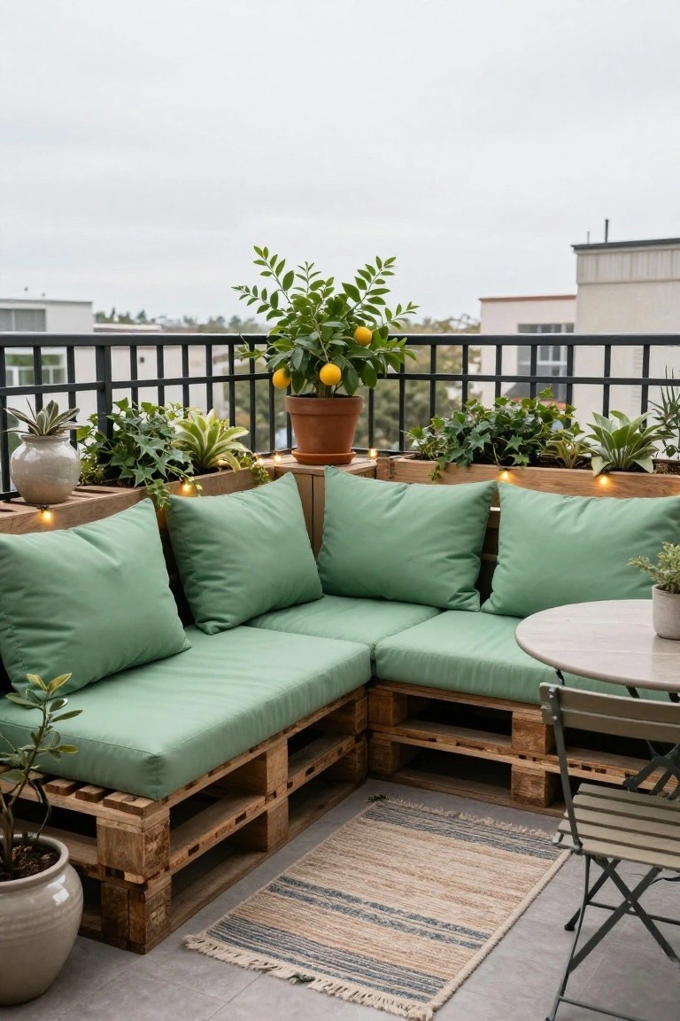 Balcony corner with L-shaped wooden pallet seating covered in green cushions, surrounded by potted plants and wooden planters with string lights, a round table, two folding chairs, and a seagrass rug on a concrete floor.