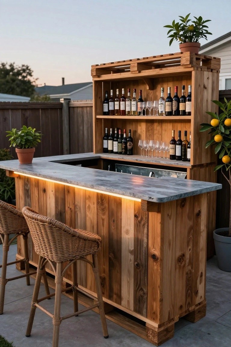 Wooden pallet bar in a backyard patio with gray stone countertop, LED underlighting, shelves stocked with wine bottles and glasses, potted plants on sides, and two wicker bar stools.